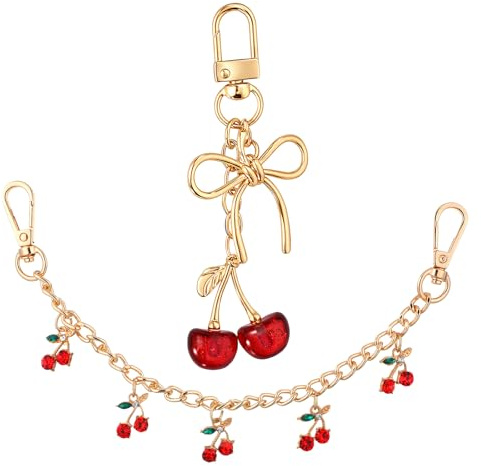 Thinp 2Pcs Cherry Keychain for Women, Red Cherry Keychain for Purses handbags Cute Bag Charms Stylish Cherries Bag Accessories for Handbag Wallet Car Phone
