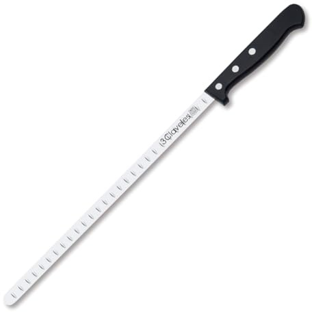 PracticDomus 3 Claveles Cuchillo Jamonero Estrecho, Alveolado, Acero Inoxidable, Mango Pom Negro, 29 cm