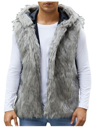 Generisch Gilet in pelliccia sintetica da uomo, caldo, in pelliccia, invernale, foderato, in peluche, per le mezze stagioni, cardigan, gilet funzionale in finta pelliccia, senza maniche, O grigio., S