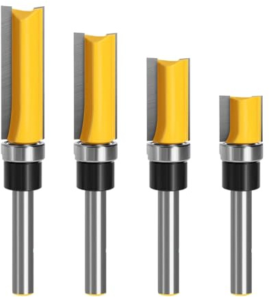 4-Piece 1/4 Shank Flush Trim Router Bit Set with Bearings, Professional Straight Pattern Woodworking Template Cutter for Wood, MDF, Plywood & Acrylic，Decorative Wood Finishing, Milling and Trimming
