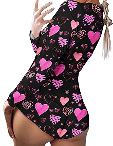 YOSUWOAI Pijama de manga larga para mujer, para San Valentín, sexy, de una pieza, sin capucha, pijama, con estampado de corazón, ropa de dormir, mono romántico, traje de noche