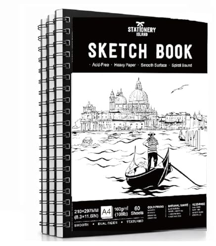 STATIONERY ISLAND Sketchbook Spiral Bound 60 Sheets A4 160gsm 3PCS Premium Drawing Paper for Sketching, Drawing & Painting Sketch Pad Art Book for Pencils, Charcoal