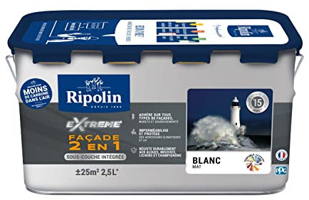 RIPOLIN - Peinture Façade 2 en 1 Extrême Extérieur - Sous-Couche Intégrée - Très Forte Adhérence - Protection Contre Micro-organismes - Résistance aux UV et Intempéries - Mat - 2,5L - Blanc