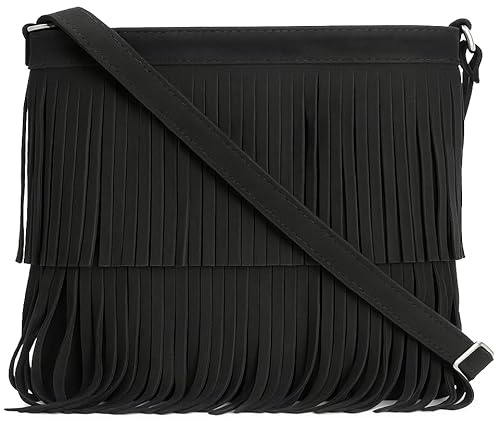 LiaTalia Womens Fringe Handbag - Real Italian Suede Leather - Tassle Effect Shoulder Bag in Medium Size - Ashley [Black]