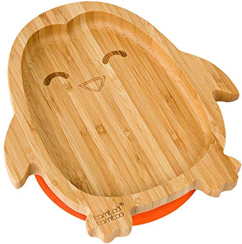 Plato de Bambú para Bebés con Sistema de Succión - Plato con Sistema de Succión para Niños, Plato de Bambú No Tóxico y Natural que Se Mantiene Frío al Tacto para el Baby-Led Weaning (Penguin) Naranja