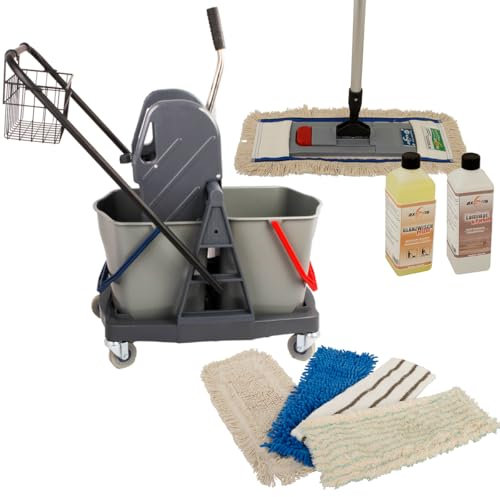 Axis Line Carro de Limpieza Profesional Doble Cubo 25L con Prensa y Juego de Mopa Completo - Kit de Limpieza de Suelos Eficiente