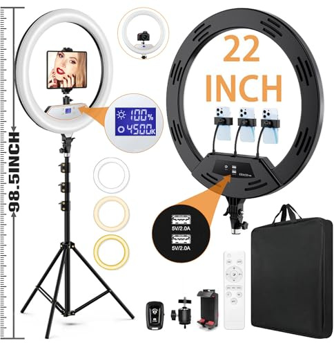 22Ring Light with Stand,Ring Light Tripod for iPhone ipad,with 75Tripod/LCD Display/4 ipad iPhone Clips/2 USB Ports,2600K-6500K Color Temperature,for Barber Makeup Tattoo TikTok Video Recording Vlog