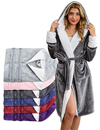 UMIPUBO Robe de Chambre Femme, Peignoir de Bain Polaire Capuche Sortie de Bain Femme avec 2 Poches, Réglable Ceinture - Absorbant et Confort Luxe Ultra Douce (Gris)