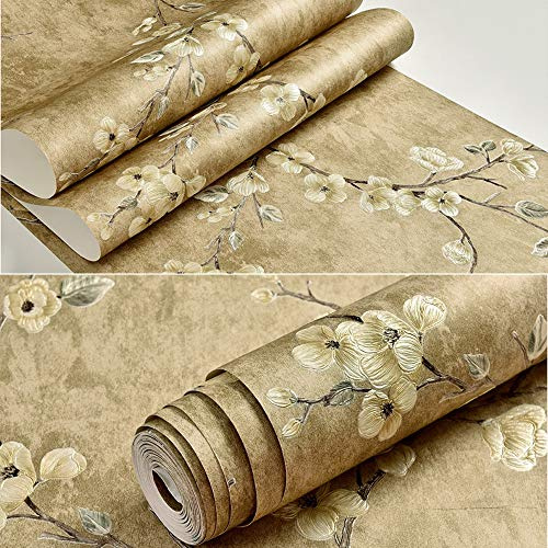 Q QIHANG 1.73' W x 32.8'L 3D Flower Tree Country Pastoral Retro Vintage Style Bedroom Living Room TV Background Non-Woven Non-Pasted Wallpaper (Dark Yellow)