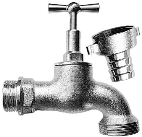 Auslaufventil Messing verchromt 1 Zoll Außengewinde AG Wand Anschluss, Abgang 1 1/4 Zoll Außengewinde AG mit Kunststoff Tülle Außendurchmesser 25mm für 1 Zoll Wasser Absperr Hahn