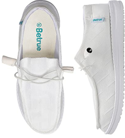 Betrue Lightweight Boat Shoes for Women, Womens Casual Loafers, Womens Slip On Deck Shoes, Breathable Canvas Sneakers for Women(BE2018A-white-39)