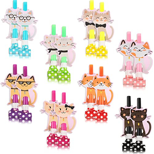 Hotop 48 Pcs Cat Birthday Party Supplies Cat Party Blower Kitty Blowouts Dollhouse Cat Noise Makers Blowouts for Cat Birthday Baby Shower Party Favor Decorations