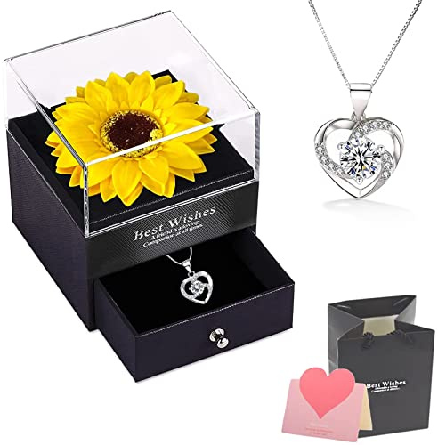 Real Girasol Eterna, Caja de Regalo de Collar, Flores Preservadas Eterna Hecha a Mano Girasol con Collar, Románticos Regalo para Esposa/Novia para Día de San Valentín/Aniversario Bodas/Cumpleaños