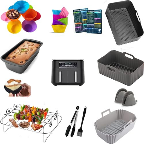Best Ninja Air Fryer Accessories, 20Pcs Reusable Silicone Pots, Stainless Cooking Racks & Pans, 50Pcs Liners. for Most Fryers: Ninja Foodi Dual AF300UK AF400UK, Ninja Double Stack XL Air Fryer etc...