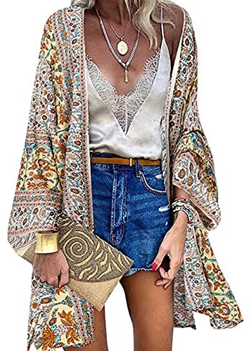 CheChury Femmes Kimono Plage Eté Bikini Cover Up Imprimé Kimono Veste Cardigan Bohème Pareo Tops Floral Cover Up Lâche Demi-Manches Kimono en Mousseline Blouse Élégant Robe de Plage Châle Beachwear