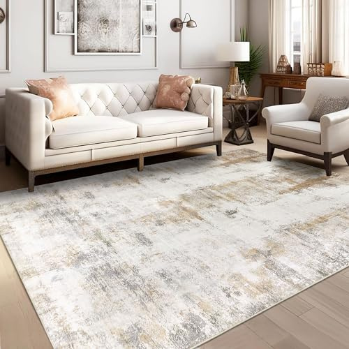 famibay 5x8 Area Rug, Abstract Washable Rugs for Living Room Low Pile Neutral Area Rug for Bedroom Aesthetic Non Slip Rubber Backed Carpet Rugs for Living Room Bedroom Dining Room(Beige/Camel)