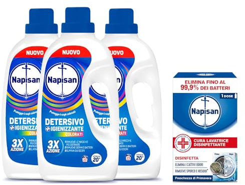 Napisan Kit Lavatrice, Detersivo Lavatrice Liquido Igienizzante Capi Colorati - 69 Lavaggi, 1 Cura Lavatrice Disinfettante da 250ml.