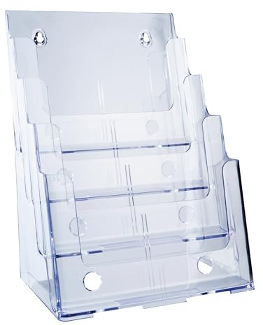 SPRINTIS Prospektständer A4, Prospekthalter für Wand und Tisch in transparent mit 4 Fächer, auch geeignet als Flyerständer oder Zeitschriftenhalter