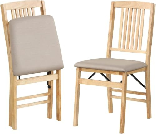 TANGZON Folding Chairs Set of 2, Upholstered Dining Chairs with Rubber Wood Legs & Backrest, Easy Storage Padded Guest Conference Seats for Home Kitchen Office Event (Linen Fabric Seat, Beige+Natural)