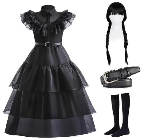 SQINGG Costume da mercoledì Addams per la Giornata Mondiale del Libro per ragazze, abito gotico gotico con cintura, parrucca, calzini, nero elegante abito da festa per ragazze (160)