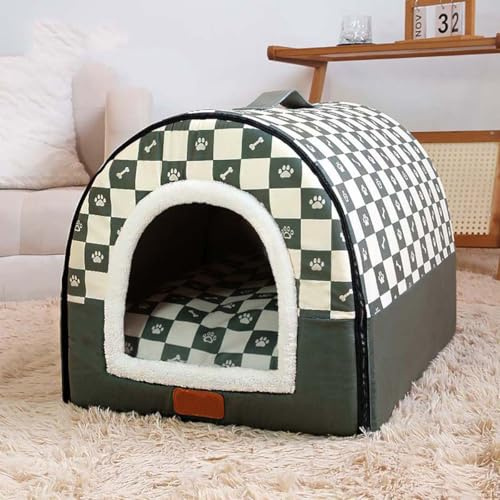 Pet House 2 In 1 Enclosed Dog Kennel, Cat Cave Warm Sleeping Nest with Removable Anti-Anxiety Cushion, Cozy Dogs Igloo House Non-Slip Pet Bed (XL, Green)