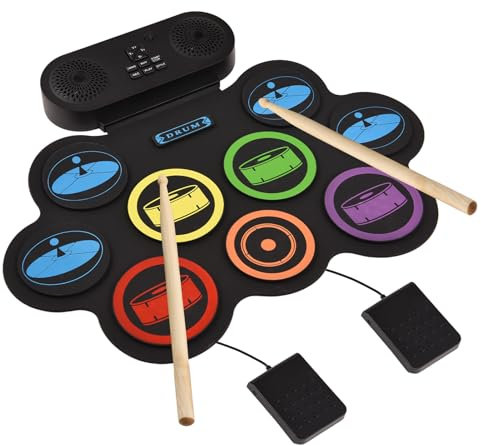 Btuty Elektronisches Schlagzeug-Set, Handroll-Schlagzeug-Set, 9 Pads, unterstützt DTX-Gaming/BT-Begleitung mit Dual-Lautsprecher, 7 Drum-Stile, 6 Rhythmen, 10 Demo-Songs, Übungspad, Schlagzeug-Kit