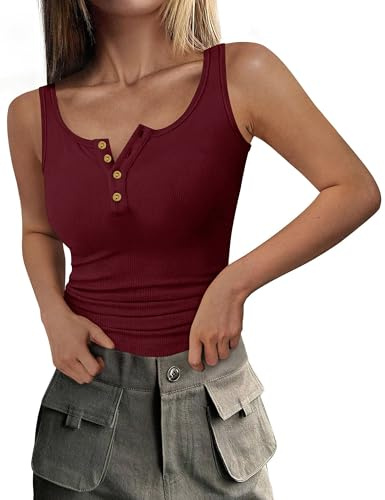 DUOEASE Canottiera Donna Estiva 2025 con Bottoni a Coste Top Donna Maglietta Donna Senza Maniche Borgogna-XL