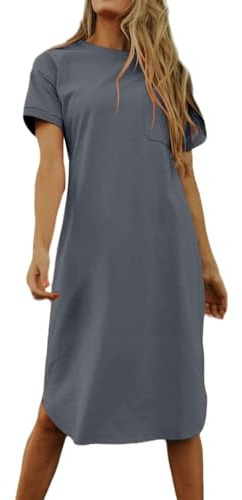 Imily Bela Vestido de camiseta de verano para mujer, de algodón, manga corta, cuello redondo, minivestido, informal, con bolsillos.