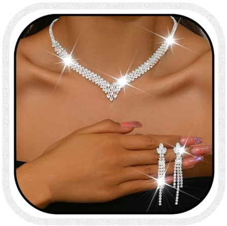 Zoestar Set di gioielli da sposa in argento con collana e orecchini con strass scintillanti per balli studenteschi, Misura unica, /, Nessuna pietra preziosa