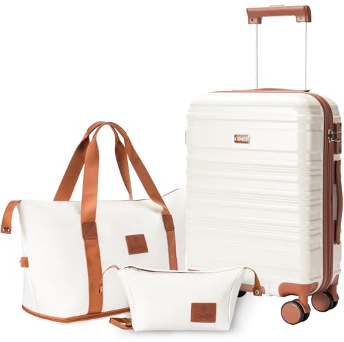 QIMER Carry on Luggage Set, 22x14x9 airline approved 100% PC hardshell, Lightweight TSA Locks Quiet Spinner Wheels Durable Zipper, Travel Luggage for Men Women, Y02 Beige (20/DB/TB) Slightly Small