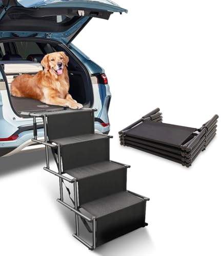 Rampa per Cani Pieghevole,Scaletta per Cani 4 Gradini,Rampa per Cani Auto,Fino a 80kg,Scala per Cani di Taglia Grande con Superficie Antiscivolo,per Tutti i Veicoli,per Grandi e Piccoli Cani (nero, L)