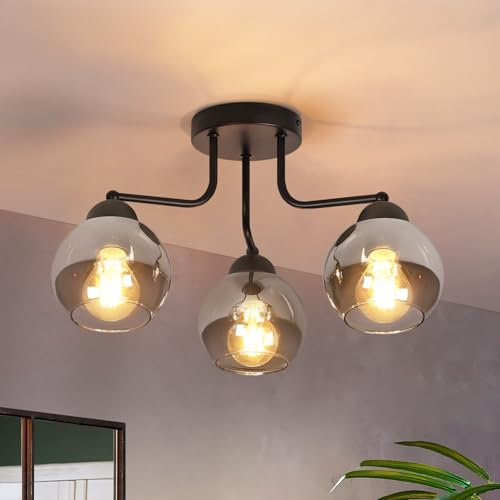 Kowanie Deckenleuchte Glas Deckenlampe Schwarz: Vintage Küchenlampe Decke 3 flammig Industrial E27 Fassung Kugel Deckenbeleuchtung rund für Küche Wohnzimmer Schlafzimmer - Ohne Leuchtmittel