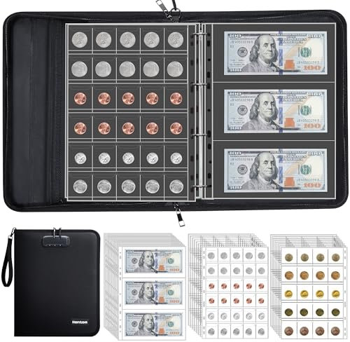Hontom Coin Collection Album for Collectors with Lock, 400 Pockets Fireproof Coin Holder Book & 36 Paper Currency Binder Sleeves, Coins Storage Organiser for Pennies, Bill, Tokens, Badges