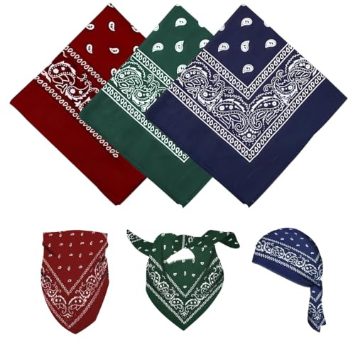 YAWYO 3 Bandanas Multiusos con Estampado Paisley, Unisex, para el Pelo, para Mujer y Hombre, Accesorios Vaqueros (Verde Oscuro, Rojo Vino, Azul Marino)