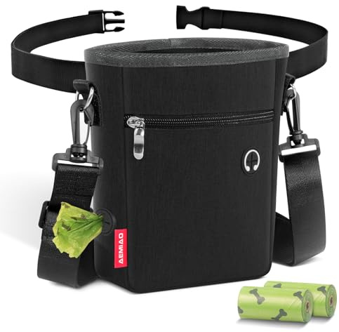 AEMIAO Dog Treat Pouch Magnetic Closure, 2025 Puppy Training Bag with Removable Liner, Hands-Free Snack Bag for Dog Walking & Training, Adjustable Waist & Shoulder Belt, 2 Roll of Poop Bags, Black
