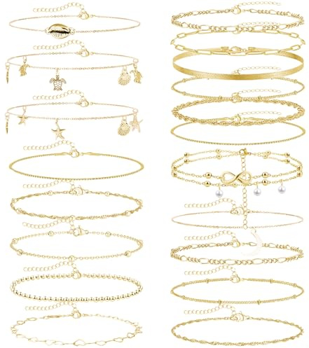 JSTHHTT 19 Pcs Bracelet Pied Femme Or Chaîne de Cheville Femme Bracelet de Cheville Grande Taille Idéal Or Tendance Délicats Empilable Ajustable Corde Chaîne Perlée Pied Bijoux de Plage, (or)