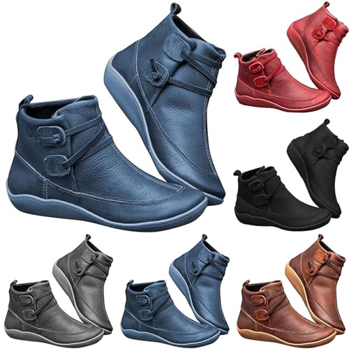 Stövletter dam, vattentäta höst, ankelstövlar, ortopediska läderstövlar, halkfria vinterstövlar, slip-on, ankelskor, vintage, kort skaft, kängor, PU-läder, cowboystövlar