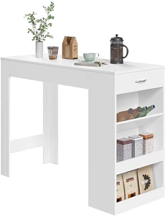 WOLTU Mesa Bar Alta, Mesa Cocina con Estantería Lateral de 1 Cajon 1 Botellero y 2 Estantes, Mesa para Comedor Salón (Blanco, Centímetros, 90, Centímetros, 50, Centímetros, 120)