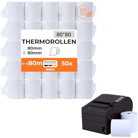 Lot de 50 rouleaux thermiques 80 mm x 80 m x 12 mm - Pour caisse enregistreuse - Imprimante de tickets - Sans BPA (50)