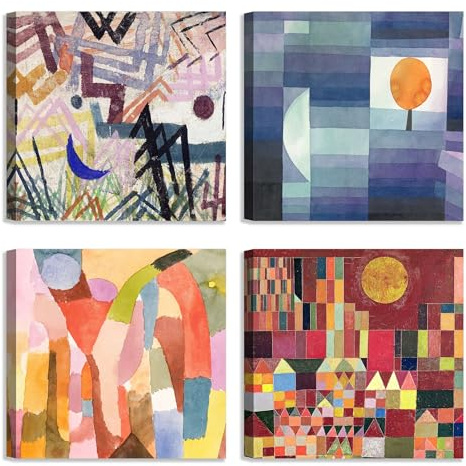 LuxHomeDecor Set di 4 quadri 30x30 cm – stampa su tela con telaio in legno opere astratte e colorate – Paul Klee