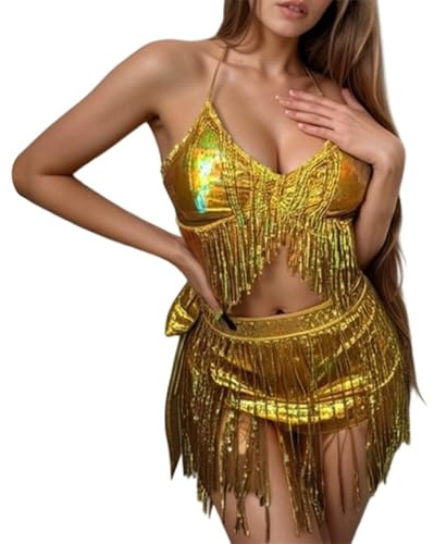 Eauptffy Traje de baño de 3 piezas para mujer, tela brillante, sexy, con flecos, bikini dividido, cómodo, moderno, ropa de playa, verano, brillante, elegante, ligero, O Gold, M