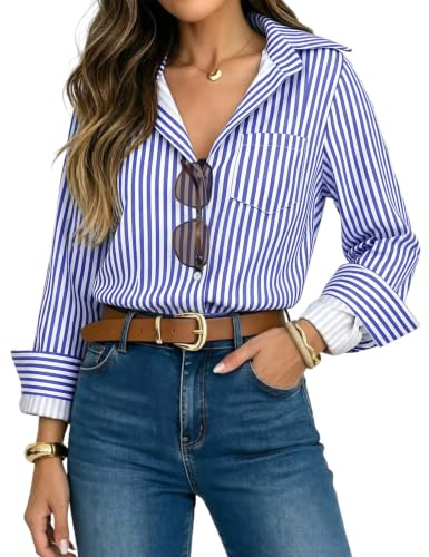 JFAN Chemisier Manches Longues Femme Chemise à Rayures avec Boutons | Chemisier Décontracté Chic et Élégant avec Poche,Blouse Col V,Business Basique,pour été Automne ,Travail et Quotidien
