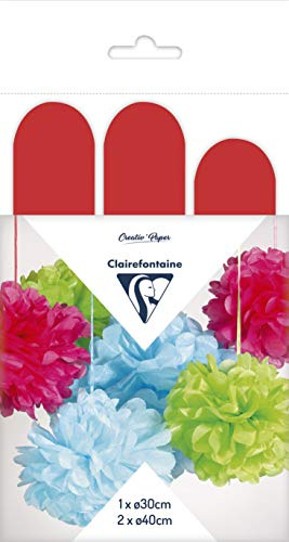 Clairefontaine 395406C Set mit 3 Pompons Seidenpapier, Ø 30cm x1 + Ø 40cm x2, ideal für Deko und Bastelprojekte, 1 Set, Rot