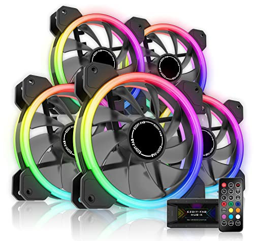 EZDIY-FAB Neue Dual Ring RGB Lüfter 120mm, RGB LED Gehäuselüfter,adressierbare Motherboard Synchronisierung mit Hub X und Remote-5 Pack