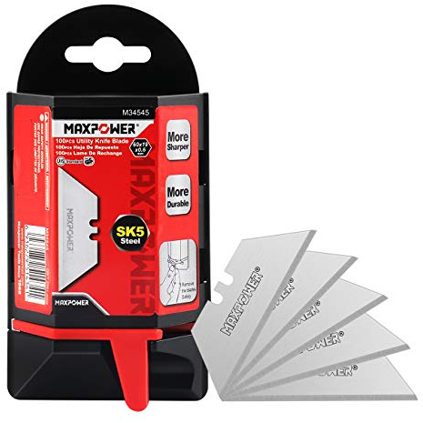 MAXPOWER Lame Cutter Trapèze 100 Pièces, SK5 Utilitaire Lourde d'Acier Trempé Supérieur Avec Distributeur