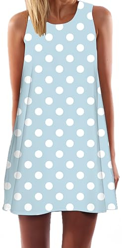 Ocean Plus Damer Casual Topp Fritid Flamingo Blad Sommar Ärmlös Klänningar Utan Arm Västklänning Festklänning Sommarklänning Miniklänning Strandklänning (XXL (EU 42-44), Blå och vita prickar)