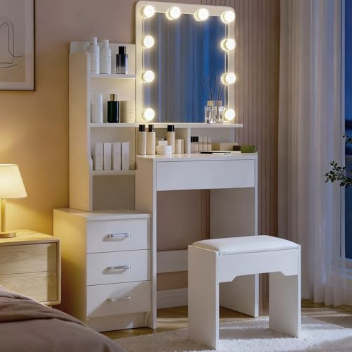 TUKAILAI Schminktisch mit LED Beleuchtung und Hocker, Frisiertisch mit Spiegel LED, 4 Schubladen 6 Offenen Ablagen, Weiß Schminktisch Klein Modern für das Schlafzimmer 87x40x149cm