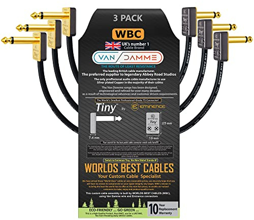 Van Damme Pro Grade Classic XKE Patchkabel für Gitarre, Bass, Instrumente, Effektpedal, vergoldet, abgewinkelt, 15 cm, 3 Stück