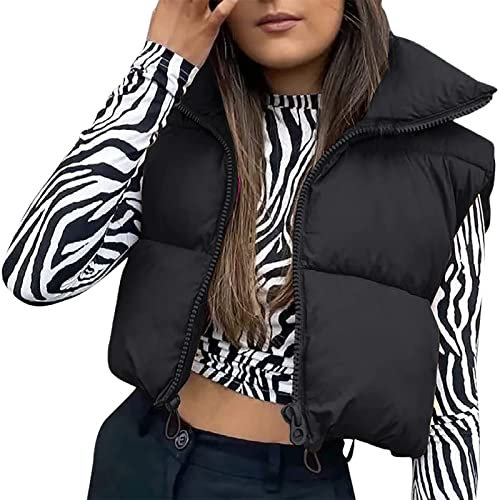 Geagodelia Womens Cropped Puffer Gilet Zip Up High Neck Padded Gilet Winter Thermal Vest Quilted Gilet Outerwear Short Sleeveless Puffer Jacket Coat Body Warmer (01-Black, M)
