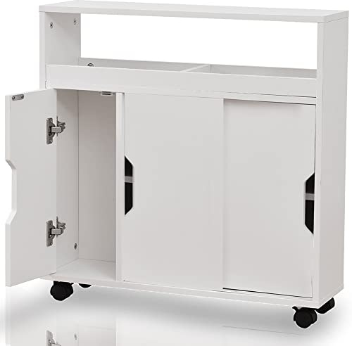BAKAJI Armadietto Salvaspazio Ideale per Bagno, Cucina e Spazi Stretti, Mobiletto Portaoggetti Slim Bianco, Mobile Robusto con Ruote Girevoli a 360 gradi,2 Ante Scorrimento e 1 Battente,70x20x71H cm